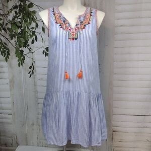 Beachlunchlounge Striped Blue and White Linen Sleeveless Dress Size L